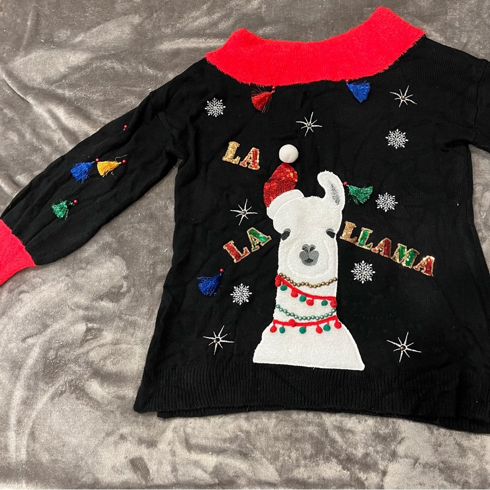 Vintage Inspired Christmas Sweater Holiday Sweater Llama Beaded Sweater Tassels